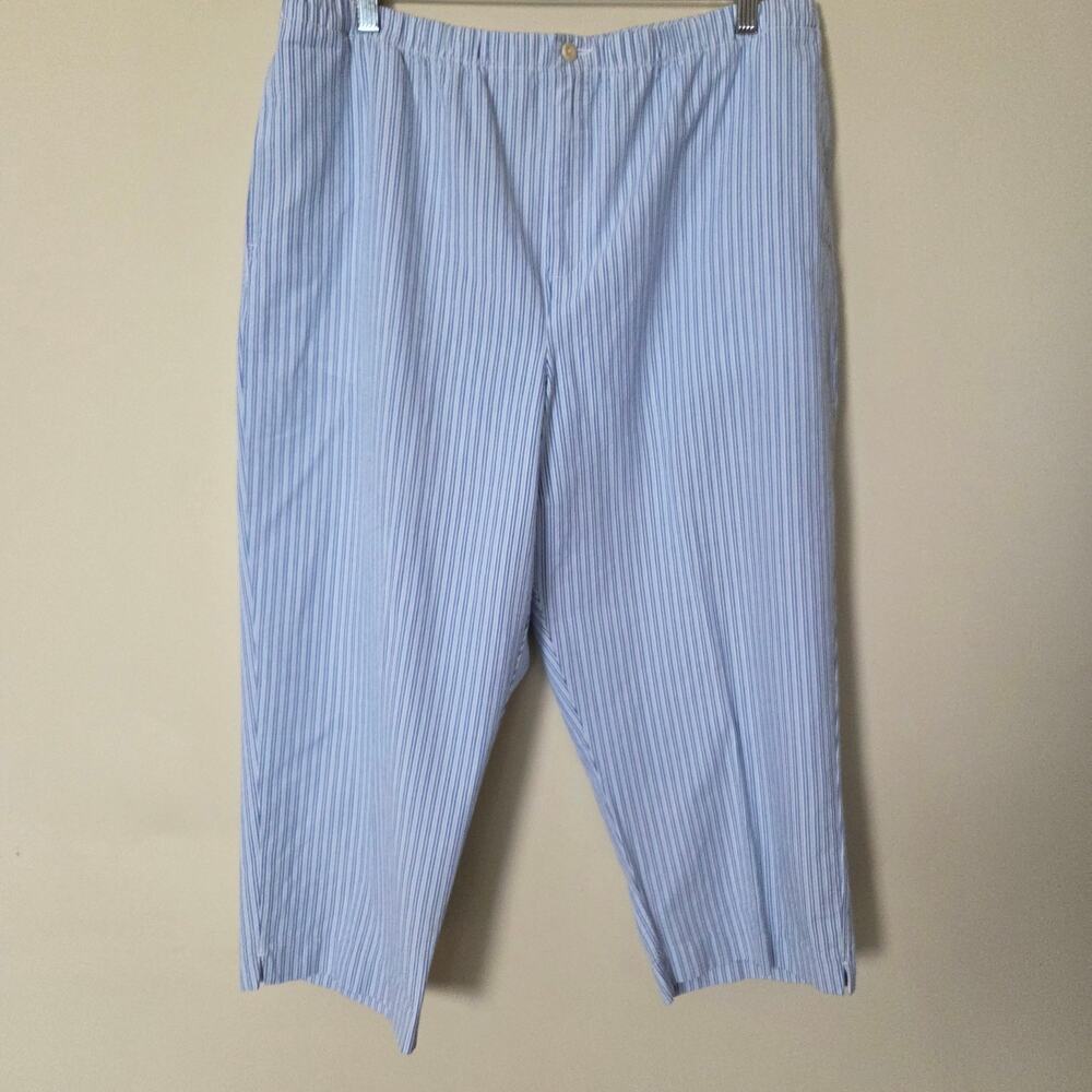 NWT Lands' End 18P Seersucker Cropped Elastic Waist Straight Pants Pockets Blue